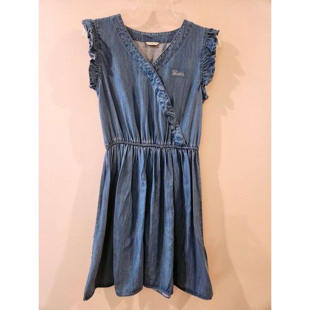 Guess Girl's Sleeveless Denim Dress Ruffle Trim‎ Elastic Waist Size 16
